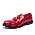 Men's stylish red patent leather loafers with classic tassels and gold hardware accents - 38 / Red