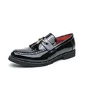 Elegant black patent leather men's loafers with classic tassels and gold buckle - 38 / Black