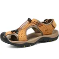 Men's closed-toe leather hiking sandals in tan with durable rubber sole and drawstring - 38 / Yellow