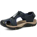 Professional navy blue genuine leather closed-toe men's sandals for outdoor summer beach activities - 38 / Blue