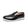 Professional black leather men's slip-on loafers featuring a white casual rubber sole - 38 / Slip-on Loafers (681) / Black