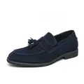 High-quality men's navy blue suede tassel loafers with a stylish slip-on design. - 38 / Blue