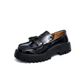 Elegante glänzende schwarze Lackleder-Loafer mit Quasten und dicker Profilsohle - 38 / Brogue-Quasten-Stil (09) / Schwarz