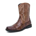Western style men's tall cowboy boots featuring vintage embroidery and crocodile leather texture - 38 / Brown