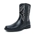 Men's black western cowboy boots featuring embroidered shaft and crocodile pattern texture - 38 / Crocodile Pattern Embroidered Cowboy Boots (8365) / Black
