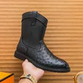Men's vintage black cowboy boots featuring ostrich texture and a pointed toe design - 38 / Ostrich Pattern Pointed Toe Style (7035) / Black