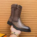 Retro brown pointed toe cowboy boots for men featuring textured ostrich leather skin - 38 / Ostrich Pattern Pointed Toe Style (7035) / Brown