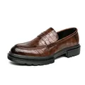 Men's brown crocodile texture platform loafers with slip-on leather business style - 38 / Brown
