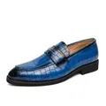 Stylish blue crocodile embossed leather loafers for men with elegant gold buckle detail. - 38 / Crocodile Pattern Pointed Buckle Shoes / Blue