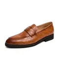 Classic men's brown loafers featuring a crocodile embossed texture and gold metal buckle. - 38 / Crocodile Pattern Pointed Buckle Shoes / Brown
