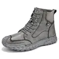 Trendy grey high-top men's boots with textured leather and rugged rubber soles. - 38 / Gray