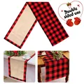 Detail view showing the double-sided red black plaid and burlap Christmas table runner. - Red Black White Plaid / 37x180cm