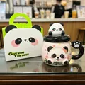 Adorable 3D panda ceramic coffee mug with lid and matching handle gift packaging set - 400ml / Portable Boxed / Pink Panda