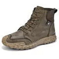 Stylish men's olive brown mid-top casual boots with textured leather and a rugged sole - 38 / Brown Single Shoes