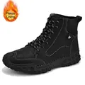 Black high-top men's casual boots with warm fleece lining and textured leather finish - 38 / Black Padded
