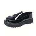 Men's shiny black patent leather platform loafers with decorative tassels - 38 / Black