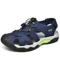 Men's blue leather outdoor hiking sandals with closed-toe design and drawstring laces - 38 / Blue