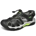 Men's genuine leather outdoor sandals in black with green accents for beach trekking - 38 / Black