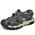 Grey and green men's outdoor leather hiking sandals with a protective closed toe cap - 38 / Gray