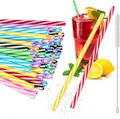 Reusable plastic striped drinking straws with cleaning brush, colorful hard straight pipes for party. - 23cm Single / Colorful