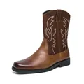 Men's brown leather Western cowboy boots with white embroidery on white background - 38 / Cowboy Boots (SX-8363) / Dark Brown