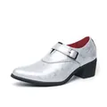 Elegant men's silver pointed toe dress shoes with 6cm high heel and retro floral pattern - 38 / White