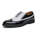 Men's classic black and white patent leather wingtip brogue shoes for formal dress wear - 38 / Black and White