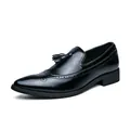 Classic black men's pointed-toe leather loafers featuring tassels and brogue wingtip - 38 / British Tassel Loafers / Black