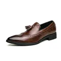 Classic brown wingtip tassel loafer for men with elegant brogue perforation detailing - 38 / British Tassel Brogue Leather Shoes (231) / Brown
