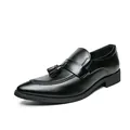 Elegant black pointed-toe leather loafers with tassel detail for men business wear. - 38 / Tassel Leather Shoes (232) / Black