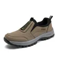 Professional close-up of men's brown waterproof outdoor sport shoe with thick non-slip sole. - Khaki