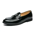 Classic men's black patent leather loafers with metal buckle on white background - 38 / Black
