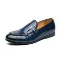 Marineblaue Herren-Loafer mit doppeltem Schnallenriemen und Krokodilprägung-Muster - 38 / Blau