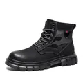 Black mens high-top work boot featuring a stylish camouflage panel and rugged lug sole - 39 / Martin Boots Style (6798) / Black