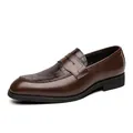Elegant brown leather penny loafer for men with crocodile texture details and black sole - 38 / Brown Crocodile Pattern (5861) / Brown