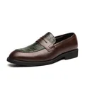 Men's dark brown leather loafers with green crocodile-pattern embossed vamp, size 40. - 38 / Greenish Brown Crocodile Pattern (5861) / Olive Brown
