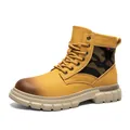 Men's yellow leather work boots with camouflage pattern and non-slip thick sole - 39 / Martin Boots Style (6798) / Yellow Brown