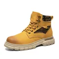 Men's high-top work boots in yellow leather with camouflage accents and rugged sole - 39 / Martin Boots / Golden Yellow (6799)