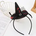 Detail shot of a Halloween witch hat headband featuring black mesh and red patterns - Black Red Bat (D)