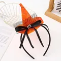 Orange Halloween witch hat headband with black spider web pattern and bow - Orange Purple Spider Web (B)