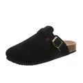 Detailed view of black suede clogs featuring an adjustable buckle strap and cork sole. - 35 / Black