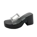 Detailed side view of black platform sandal featuring a rhinestone-embellished clear strap - 36 / Black