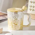 Mug en céramique avec animaux en relief, couvercle et cuillère, fini crème perlé chic - Ensemble Animal Mignon (Avec Couvercle et Cuillère) / Jaune