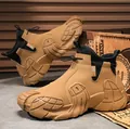 Durable tan high-top waterproof work shoes for men with thick non-slip textured soles - 40 / Elastic Band Style / Camel