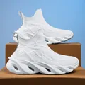 Men's white high-top blade running sneakers featuring a breathable knit sock design - 36 / White