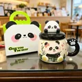 Schattige 3D panda keramische mok met deksel, poothandvat en bijpassende geschenkdoos - 400ml / Draagbare doosverpakking / Beige Panda