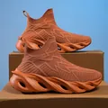 Men's breathable high-top knitted sneakers with hollow blade sole in terracotta orange - 36 / Brown