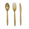 Elegant golden disposable plastic cutlery set including spoon, fork, and serrated knife - 24 Knives/Pack