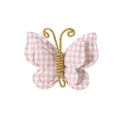 Macro view of a cute pink checkered fabric butterfly hair clip featuring a gold wire body - Antenna Style / Pink White Plaid