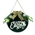 Round black wooden Happy Easter door sign featuring rabbit silhouette and burlap bow - Easter Style / Blue
